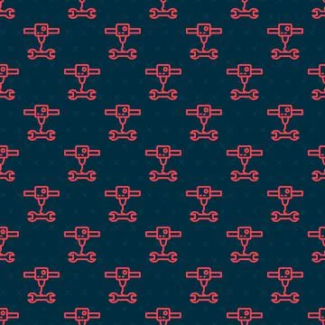 Red line 3D printer wrench spanner icon isolated seamless pattern on black Illustrazione stock