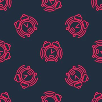 Red line Alarm clock icon isolated seamless pattern on black background. Wake up Stock Illustration