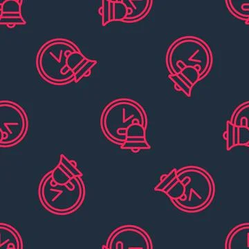 Red line Alarm clock icon isolated seamless pattern on black background. Wake up Illustrazione stock