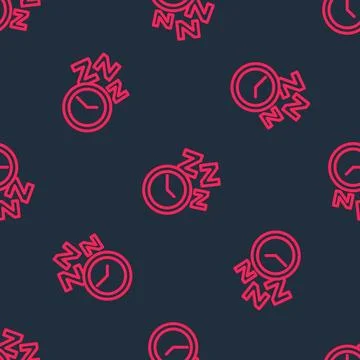 Red line Alarm clock icon isolated seamless pattern on black background. Wake up 스톡 일러스트