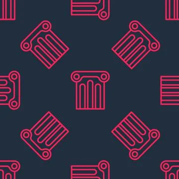 Red line Ancient column icon isolated seamless pattern on black background 스톡 일러스트