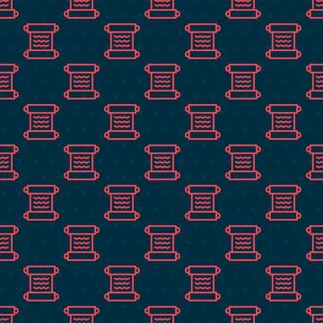 Red line Ancient papyrus scroll icon isolated seamless pattern on black Stock Illustration