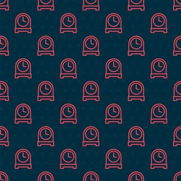 Red line Antique clock icon isolated seamless pattern on black background.  V Stock Illustration
