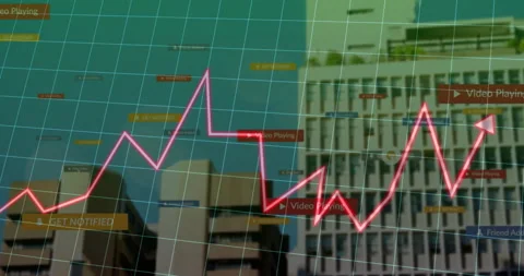 Red line appearing bottom-left tracing jagged upward path on teal grid showing Stock Footage 309895461