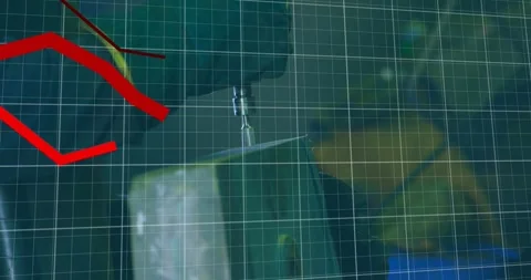 Red line appearing top-left, growing strands sweeping grid over block, tracking Stock Footage 327842147