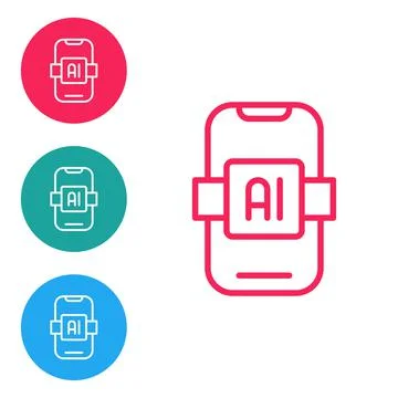 Red line Artificial intelligence AI icon isolated on white background. Machine Stock Illustration