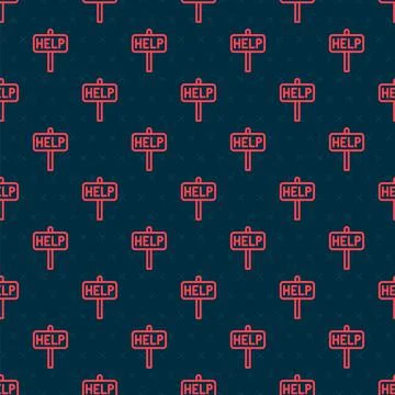 Red line Ask for help text icon isolated seamless pattern on black background Stock Illustration