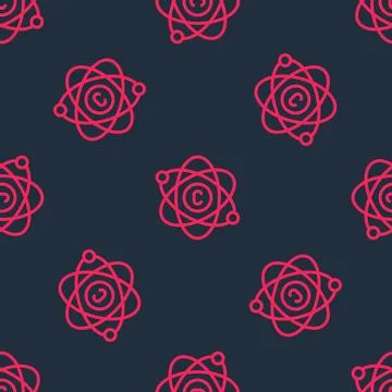 Red line Atom icon isolated seamless pattern on black background. Symbol of.. Illustrazione stock
