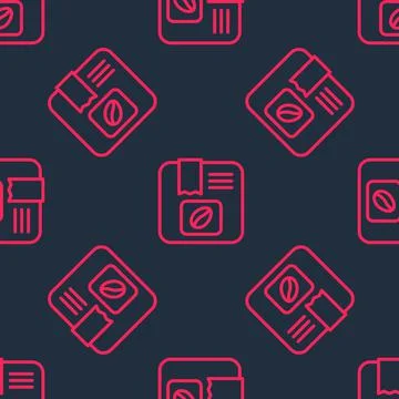 Red line Bag of coffee beans icon isolated seamless pattern on black background 库存插图