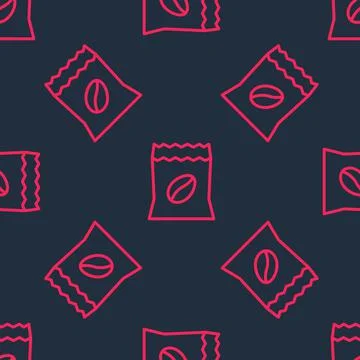 Red line Bag of coffee beans icon isolated seamless pattern on black background Stock Illustration