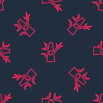 Red line Bare tree icon isolated seamless pattern on black background. Vector Stock Illustration