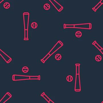 Red line Baseball bat with ball icon isolated seamless pattern on black backg イラスト素材