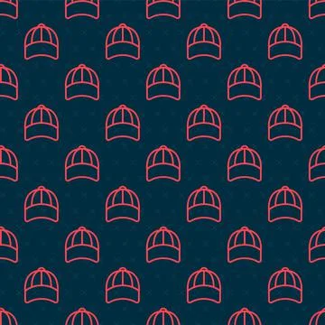 Red line Baseball cap icon isolated seamless pattern on black background. Sport Stockillustratie