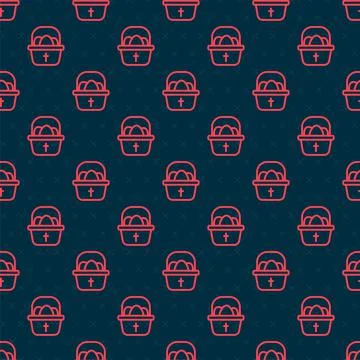 Red line Basket with easter eggs icon isolated seamless pattern on black Stock Illustration