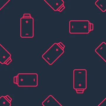 Red line Battery charge level indicator icon isolated seamless pattern on black Stock Illustration