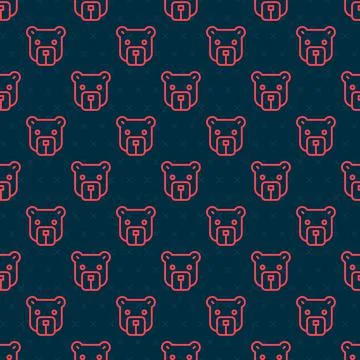 Red line Bear head icon isolated seamless pattern on black background. Vector Stockillustratie