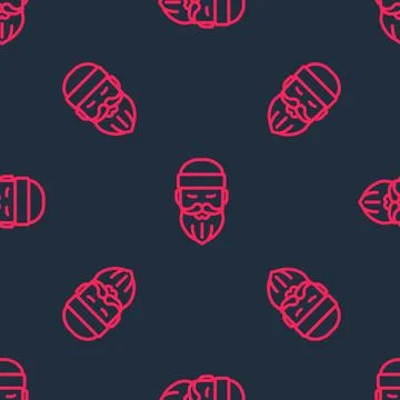 Red line Bearded lumberjack man icon isolated seamless pattern on black Stock Illustration