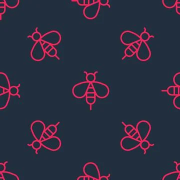 Red line Bee icon isolated seamless pattern on black background. Sweet natural Stock Illustration
