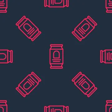 Red line Beer can icon isolated seamless pattern on black background. Vector Stock Illustration