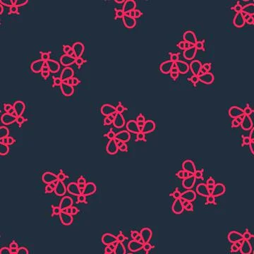 Red line Bees icon isolated seamless pattern on black background. Sweet natur 库存插图