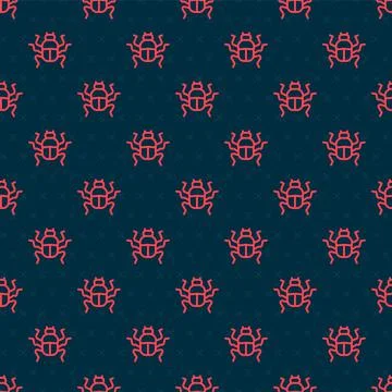Red line Beetle bug icon isolated seamless pattern on black background. Vector Illustrazione stock
