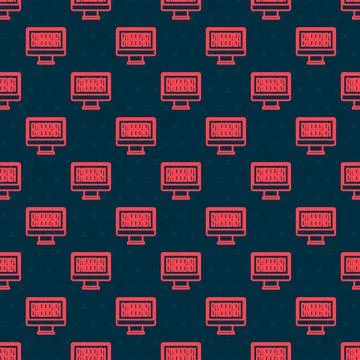 Red line Binary code icon isolated seamless pattern on black background. Vector Stock Illustration