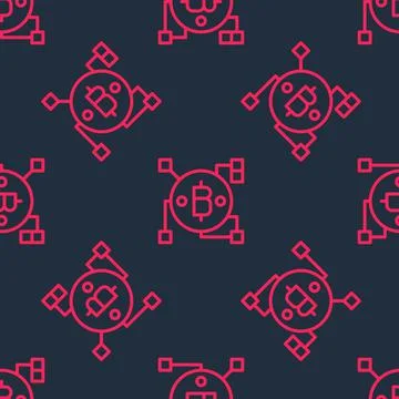 Red line Blockchain technology Bitcoin icon isolated seamless pattern on black Stock Illustration