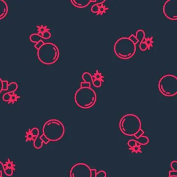 Red line Bomb ready to explode icon isolated seamless pattern on black 스톡 일러스트
