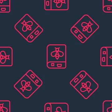 Red line Book about bee icon isolated seamless pattern on black background 스톡 일러스트