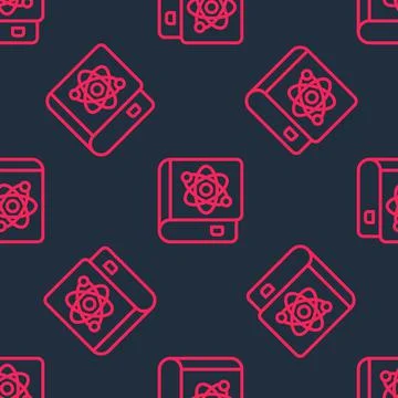 Red line Book about physics icon isolated seamless pattern on black background Stock Illustration