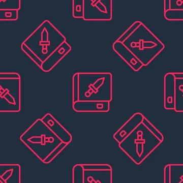 Red line Book about weapon icon isolated seamless pattern on black background Stock Illustration