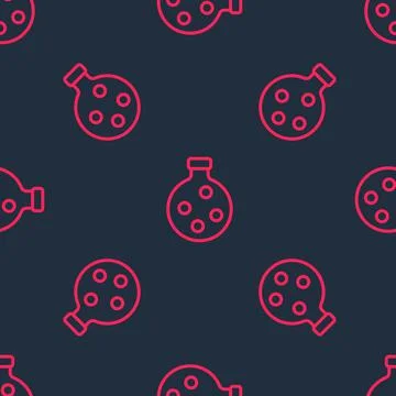 Red line Bottle with potion icon isolated seamless pattern on black background Stock Illustration