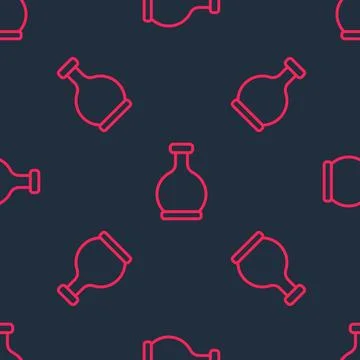 Red line Bottle with potion icon isolated seamless pattern on black background Stock Illustration