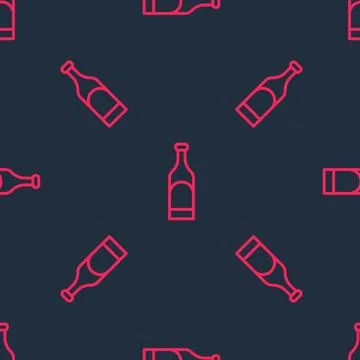 Red line Bottle of wine icon isolated seamless pattern on black background... Stock Illustration