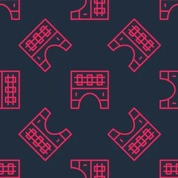 Red line Bridge for train icon isolated seamless pattern on black background. イラスト素材