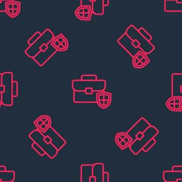Red line Briefcase with shield icon isolated seamless pattern on black Stock Illustration