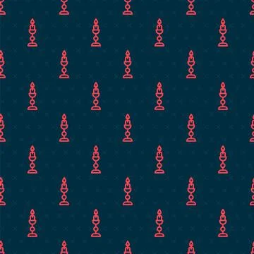 Red line Burning candle in candlestick icon isolated seamless pattern on black Illustrazione stock