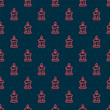 Red line Burning candle in candlestick icon isolated seamless pattern on black 스톡 일러스트