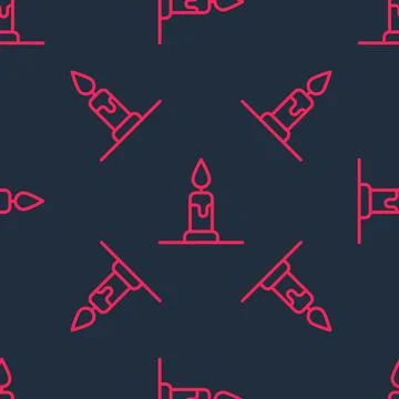 Red line Burning candle in candlestick icon isolated seamless pattern on black Illustrazione stock