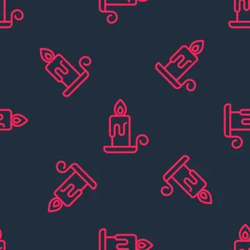 Red line Burning candle in candlestick icon isolated seamless pattern on black Illustrazione stock