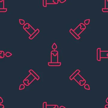 Red line Burning candle in candlestick icon isolated seamless pattern on bl.. Illustrazione stock