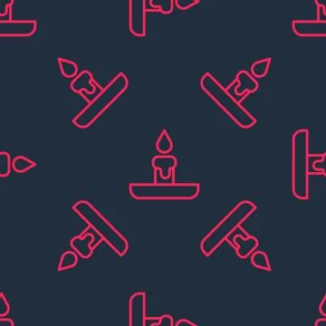 Red line Burning candle in candlestick icon isolated seamless pattern on black Stock Illustration