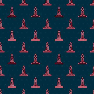Red line Burning candle in candlestick icon isolated seamless pattern on black 스톡 일러스트