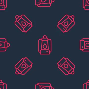 Red line Camping lantern icon isolated seamless pattern on black background Stock Illustration