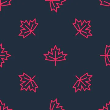 Red line Canadian maple leaf icon isolated seamless pattern on black background Stock Illustration