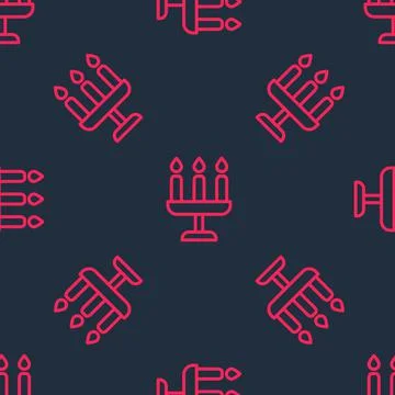 Red line Candelabrum with three candlesticks icon isolated seamless pattern on Illustrazione stock