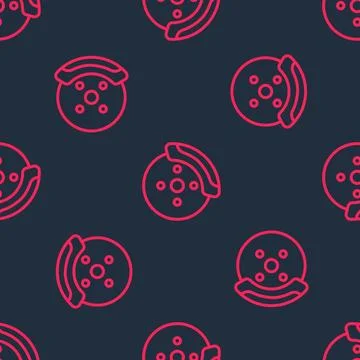 Red line Car brake disk with caliper icon isolated seamless pattern on black Stock Illustration