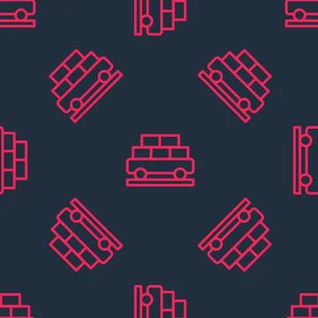 Red line Cargo train wagon icon isolated seamless pattern on black background Stock Illustration