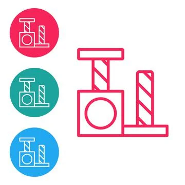 Red line Cat scratching post with toy icon isolated on white background. Set Stock Illustration