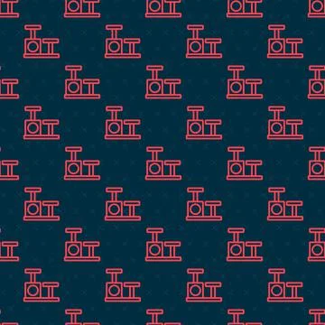 Red line Cat scratching post with toy icon isolated seamless pattern on black Stock Illustration